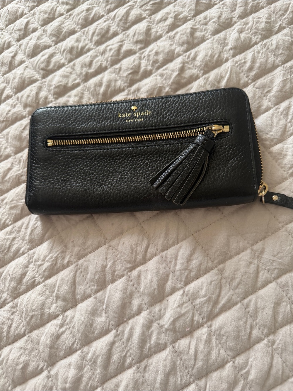 kate spade Black Pebbled Leather Zip Wallet with Tassel